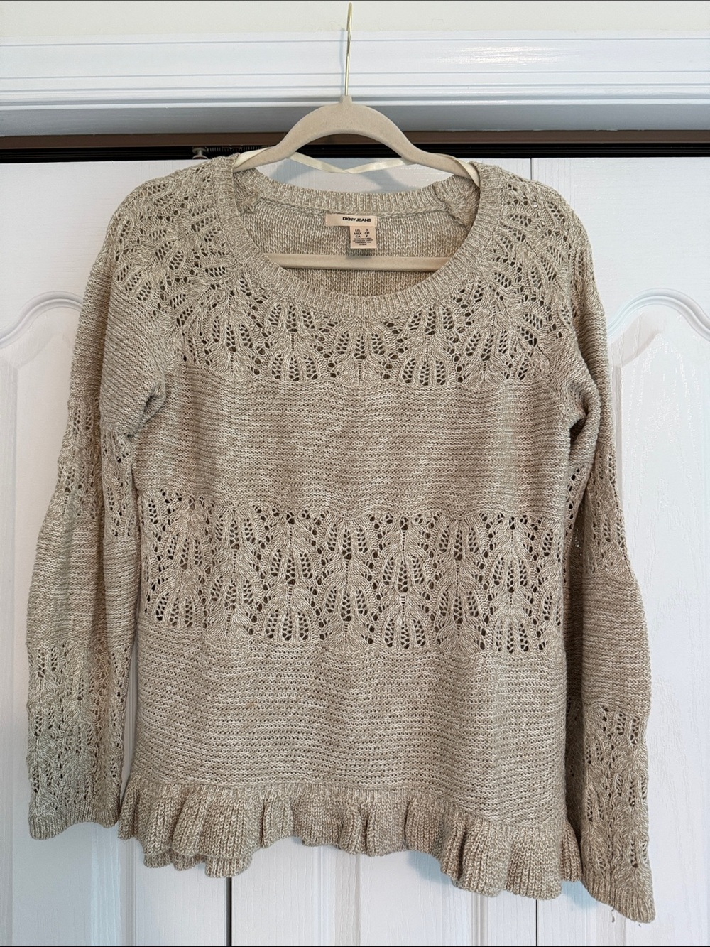 DKNY Beige Lace-Knit Ruffle-Hem Crewneck Sweater